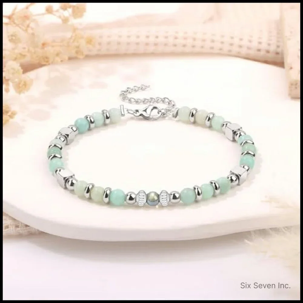 Moonstone Amazonite Stainless Steel Bead Bracelet Adjustable Chic Minimal
